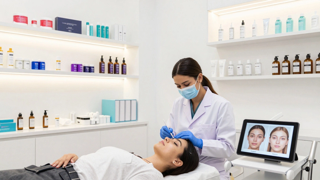 Dermatologist performing a cosmetic treatment in a private clinic in India.