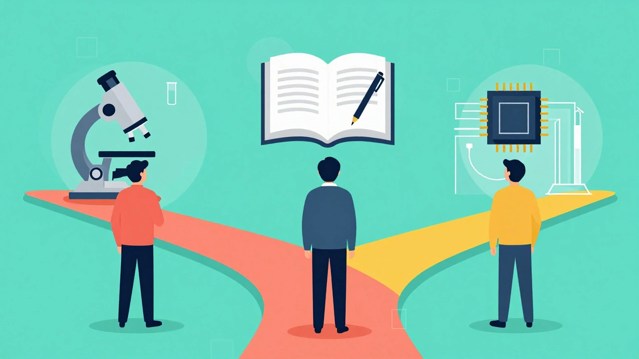 Illustration of students choosing paths among science and arts symbols