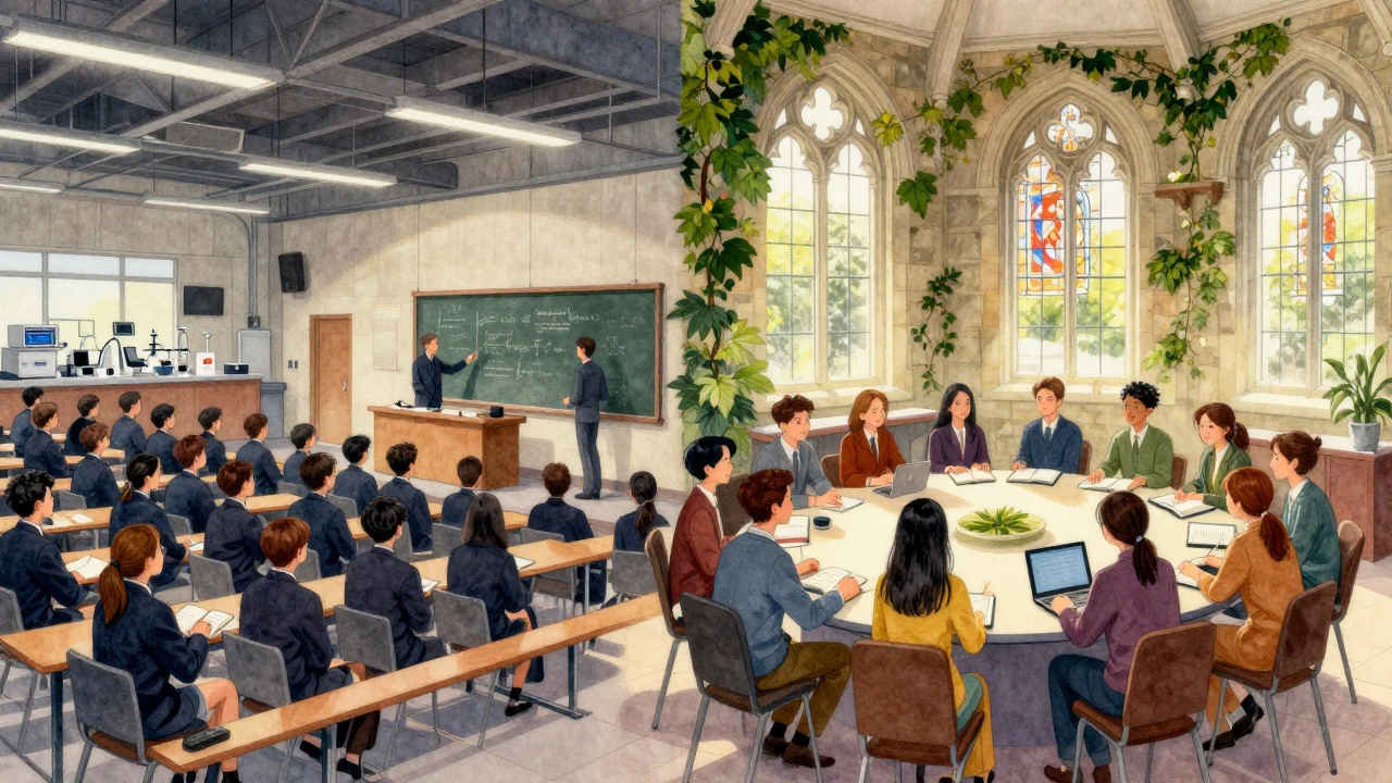 Split view comparing IIT lecture hall with Harvard seminar room