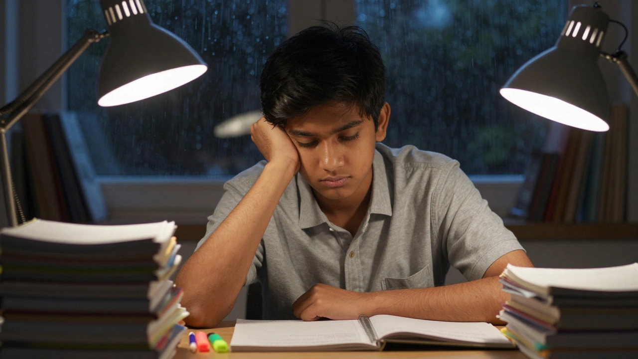 Student studying late night with rain outside window