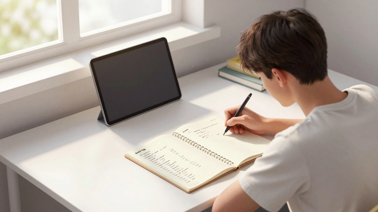 A disciplined student working at a dedicated study desk with a doubt log notebook