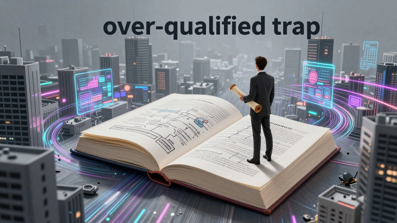 A person standing on a giant business textbook overlooking a chaotic digital city.