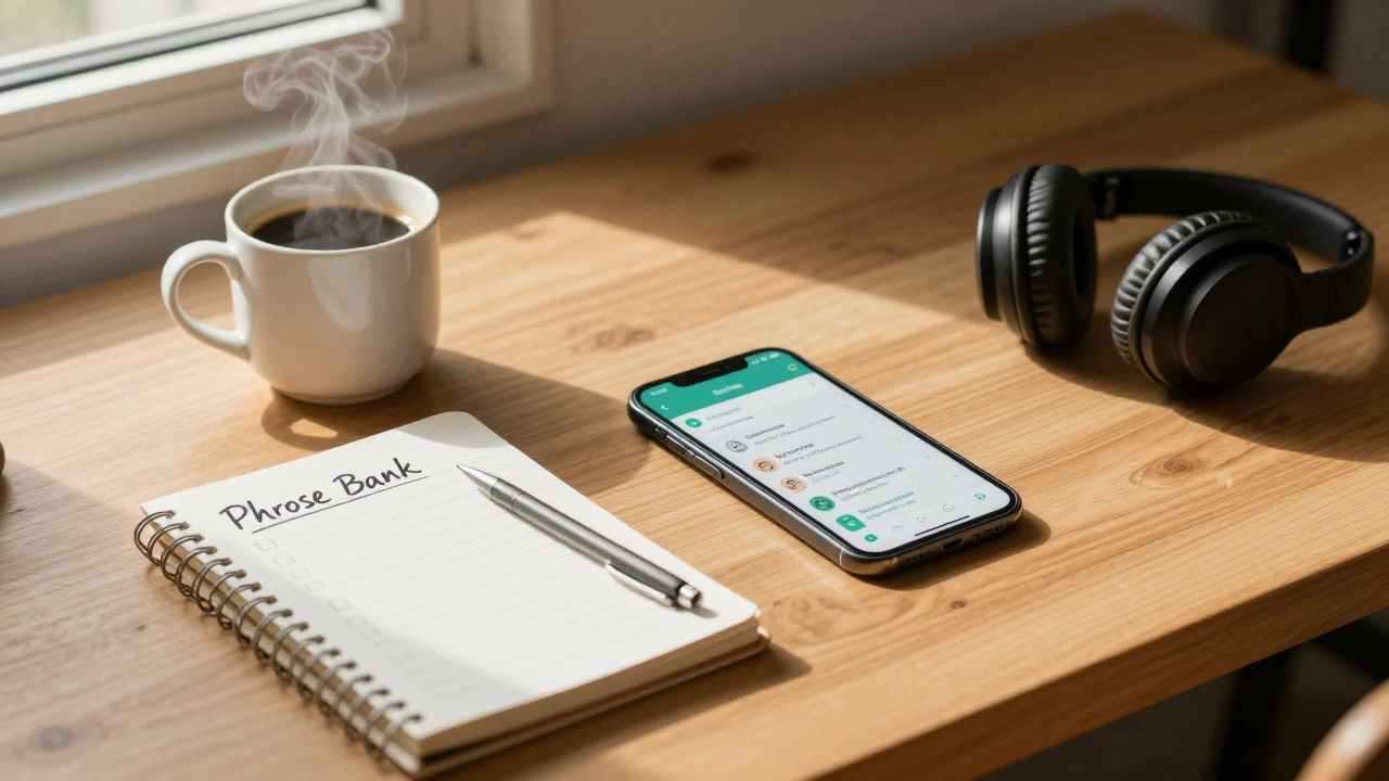 A student's study desk with coffee, a phrase notebook, and a phone playing an English lesson.