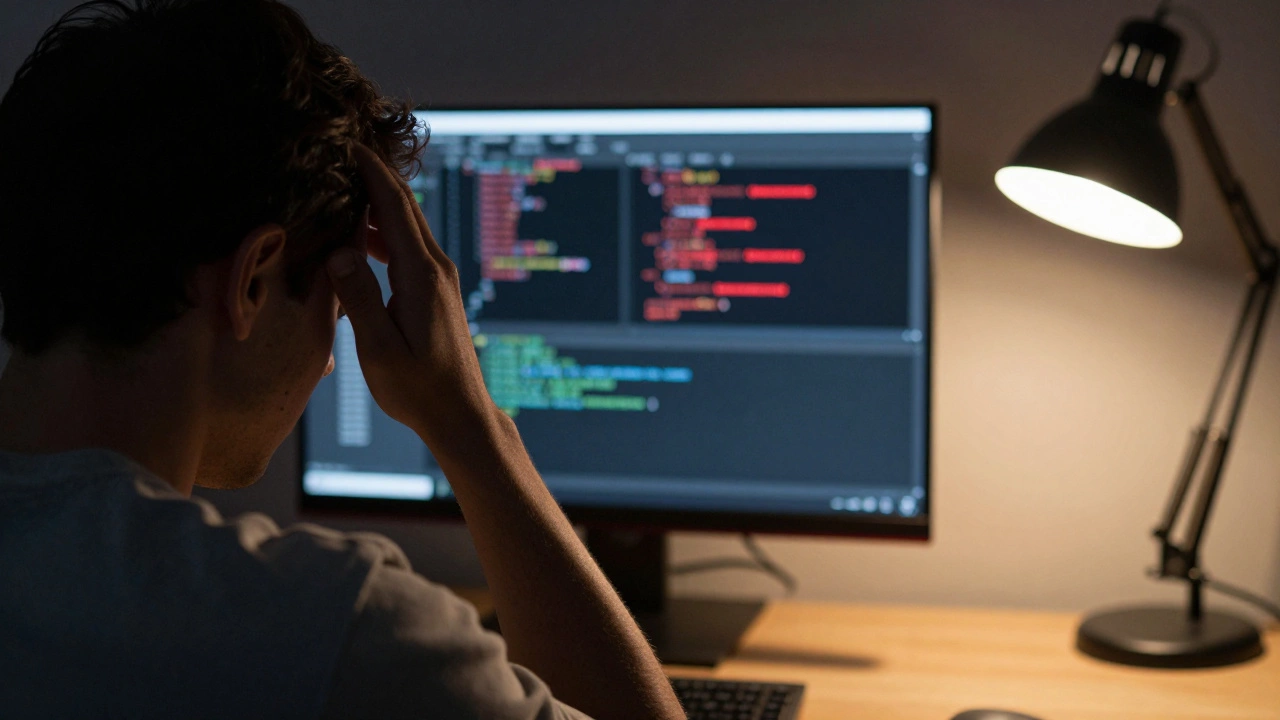 Cinematic close-up of a developer facing red error messages on a screen in a dimly lit room.