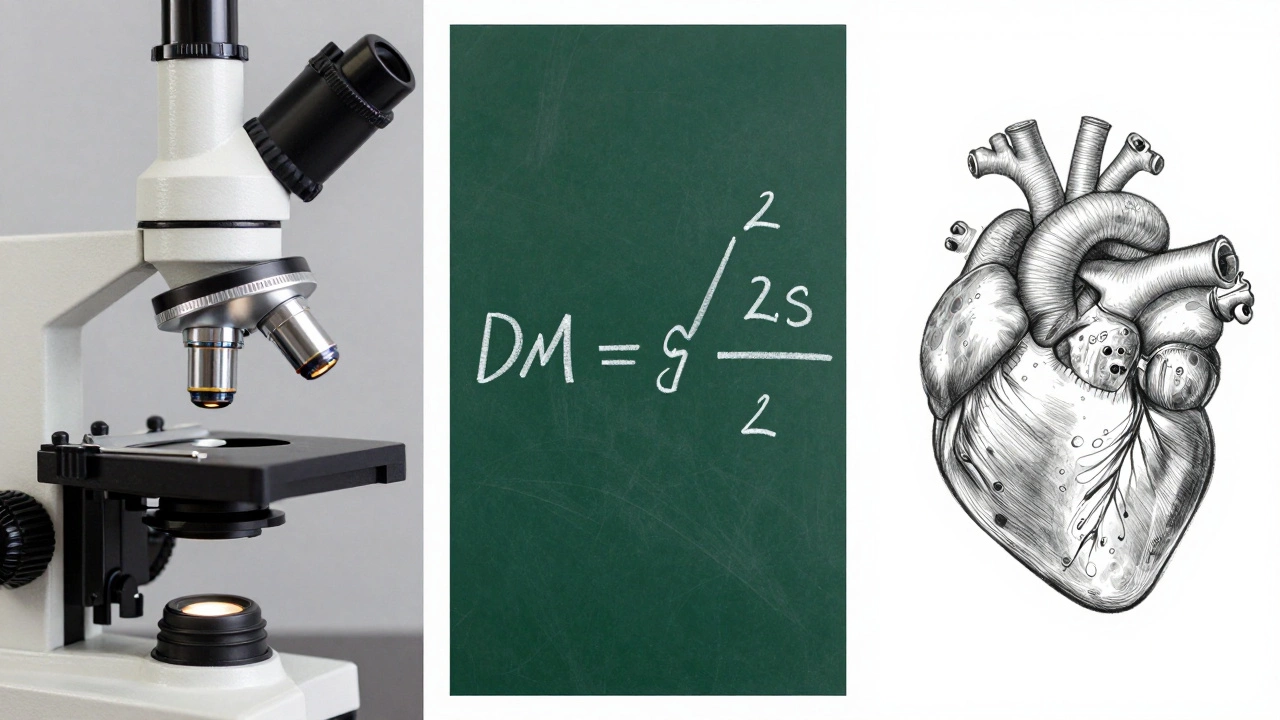 Close-up split view of a microscope, a math formula on a chalkboard, and an anatomical drawing.