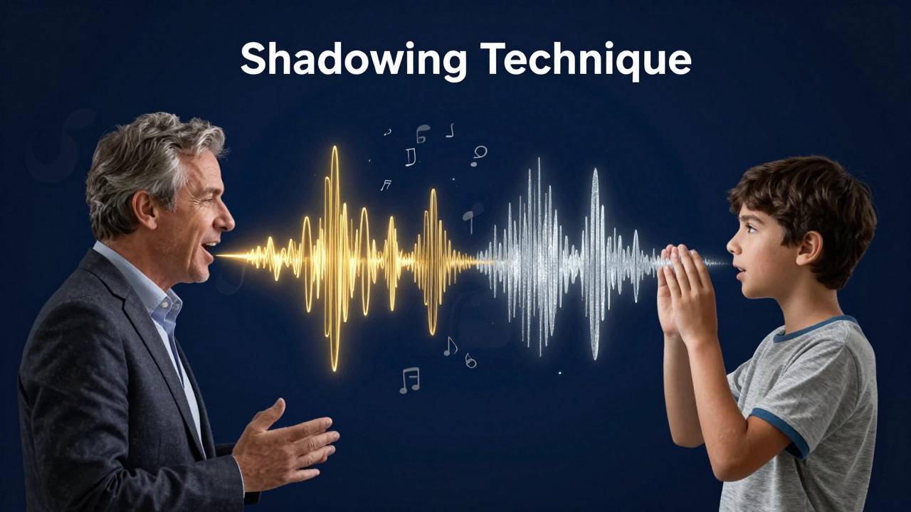 Conceptual art showing a student mimicking a teacher's speech patterns with glowing sound waves.