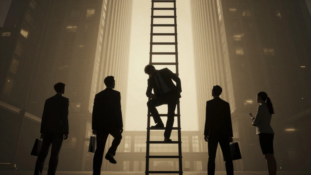 Exhausted professionals climbing a steep corporate ladder in a hazy environment.
