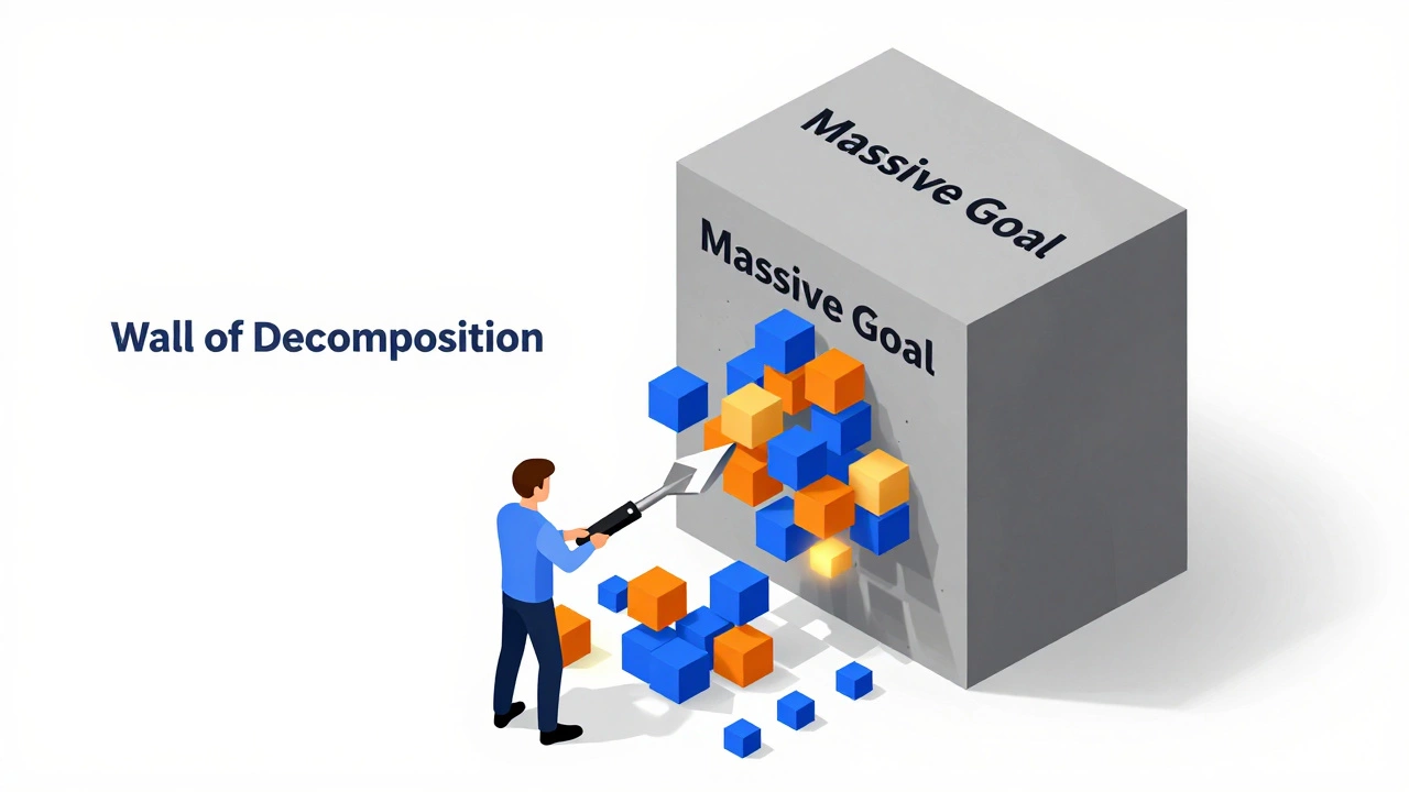 Isometric illustration of a developer breaking a giant stone monolith into small, glowing colorful cubes.