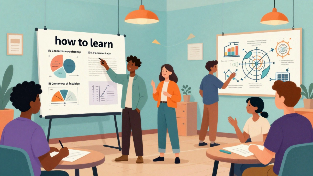 Students collaborating and presenting research projects in a vibrant, creative classroom.