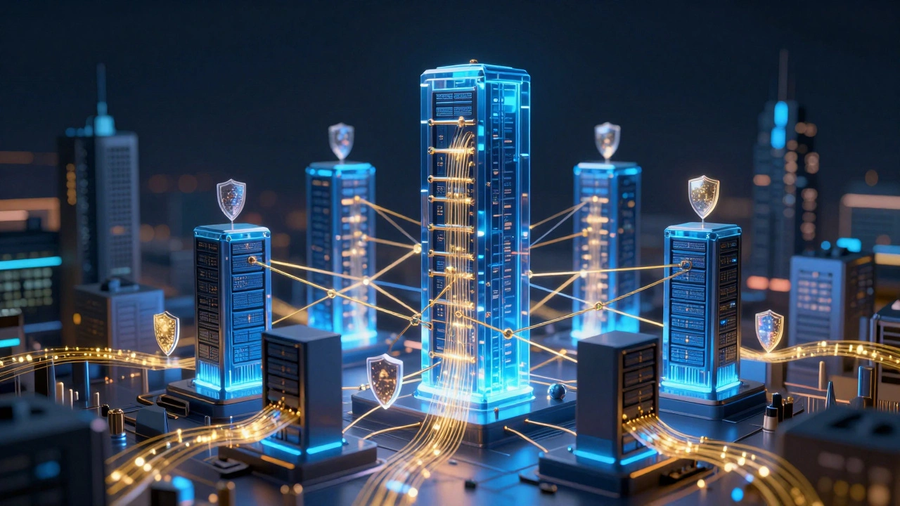 Abstract 3D visualization of secure cloud infrastructure and data networks