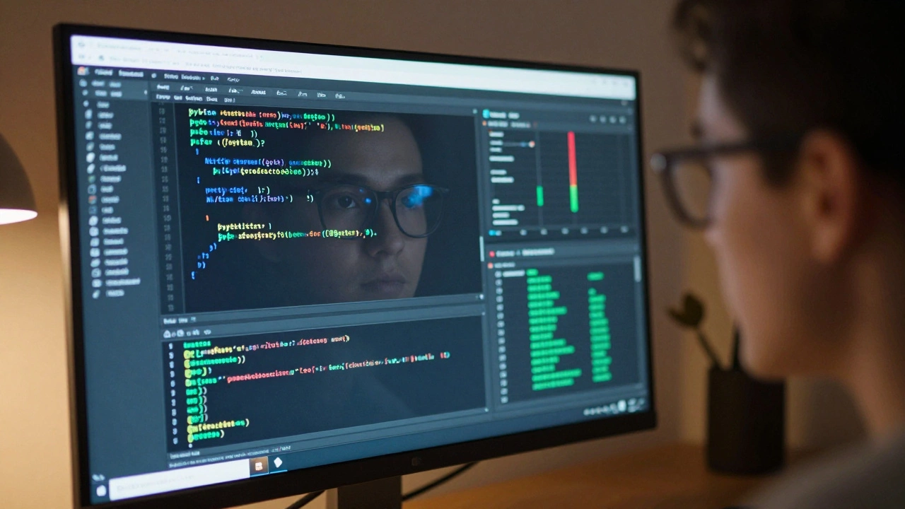 Close-up of programmer analyzing Python data science code