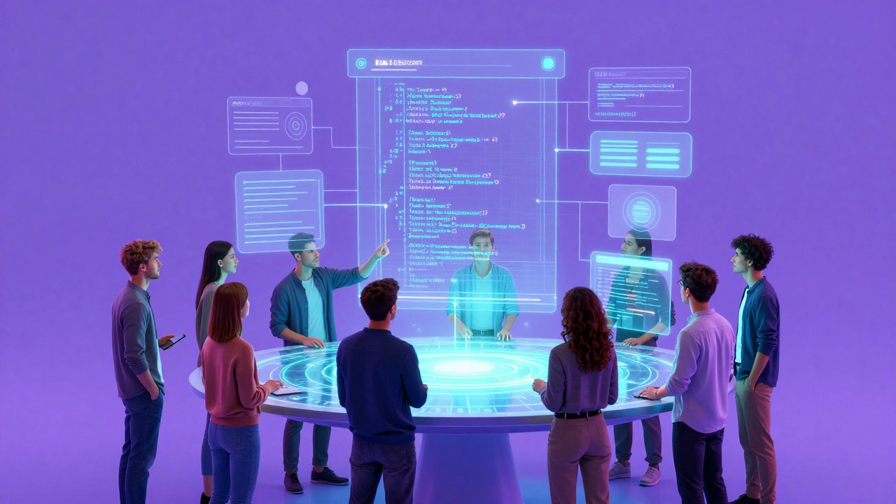 Developers collaborating on interactive JavaScript web UI
