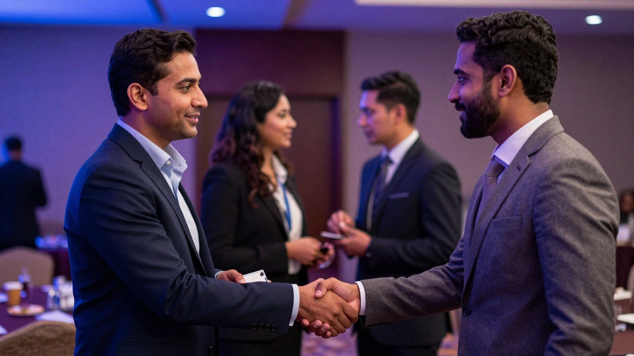 Executives shaking hands at a networking event, symbolizing alumni connections.