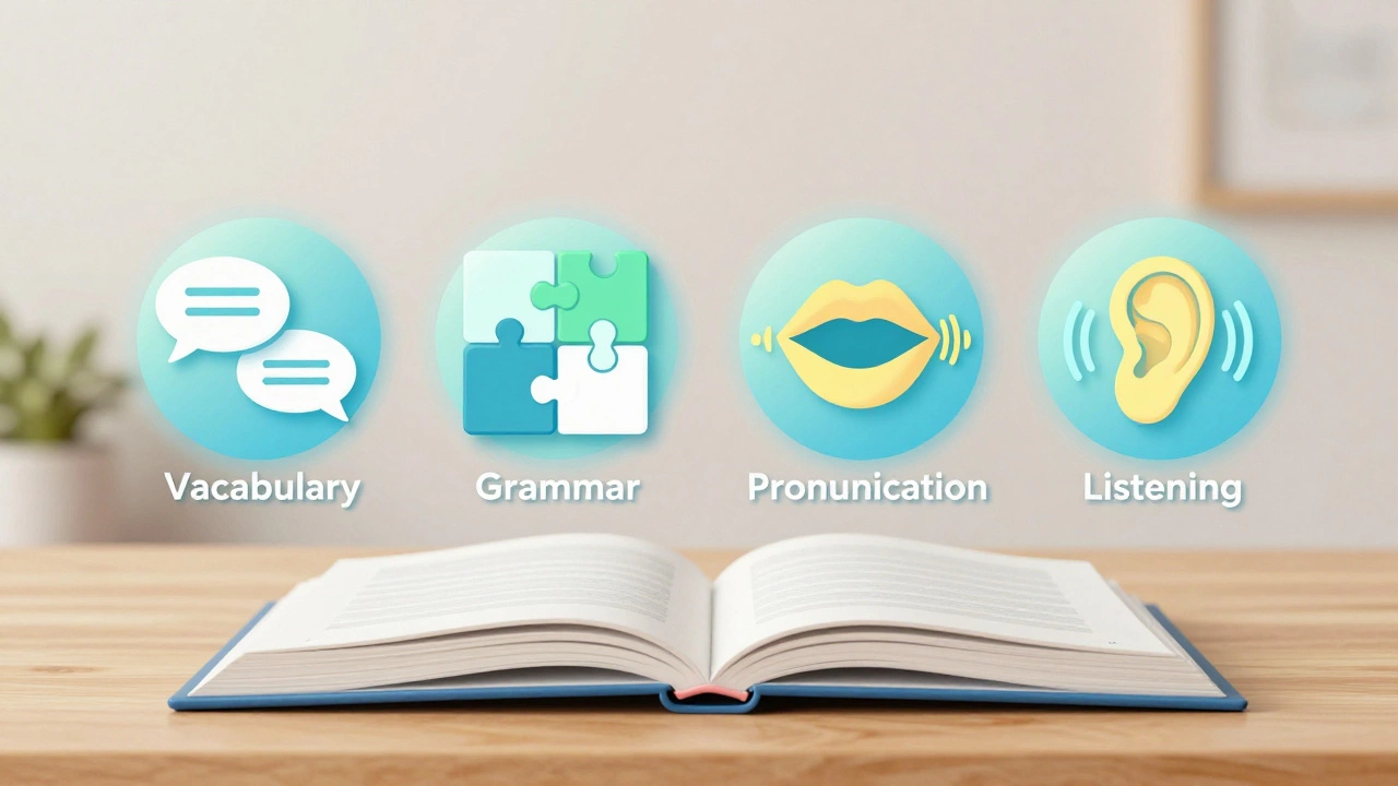 Illustration of four key English learning skills: vocabulary, grammar, pronunciation, and listening.
