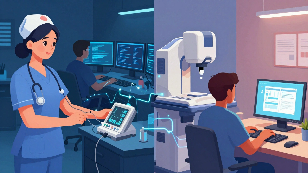 Illustration of nurses, coders, and tech workers in high-demand roles