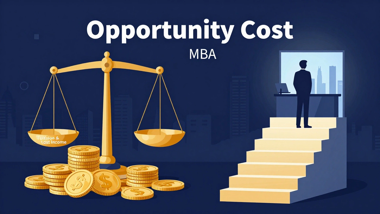 Illustration showing financial scales balancing MBA costs against future career earnings.