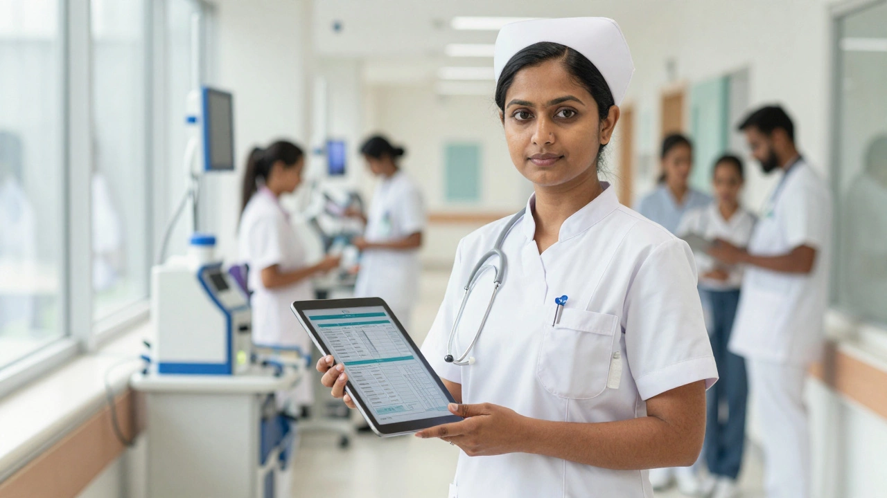 Indian healthcare administrator reviewing data on a tablet in a hospital