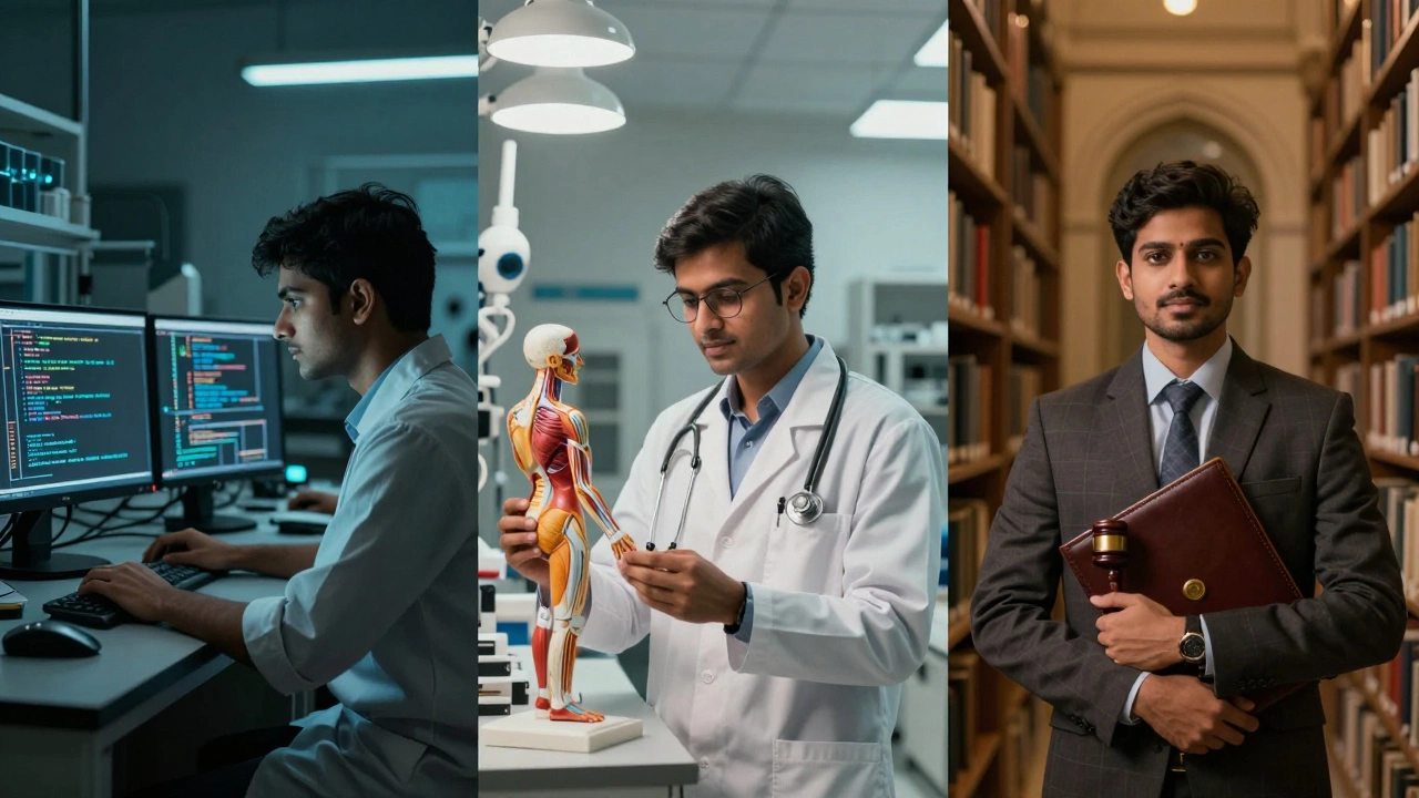 Split view of engineering, medical, and law students studying intensely
