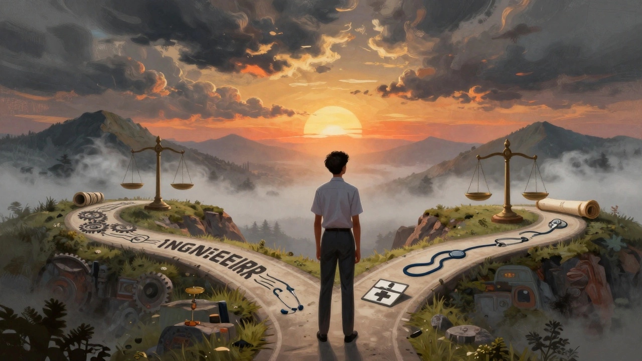 Student choosing between career paths represented by symbolic icons