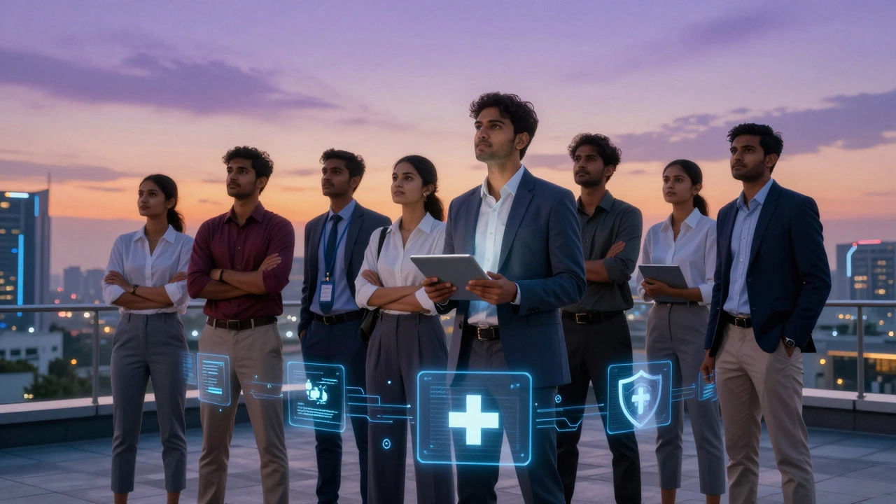 Young Indian professionals looking out over city with skill icons