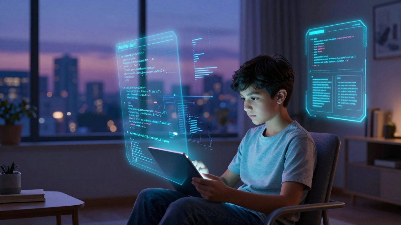 A student using a tablet with holographic AI learning aids floating in a home office.