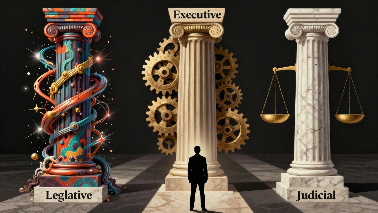 Conceptual art showing three pillars representing government branches