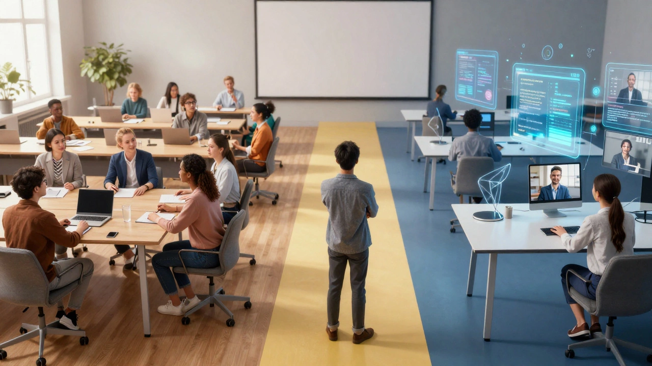 Conceptual image of hybrid learning combining physical and digital
