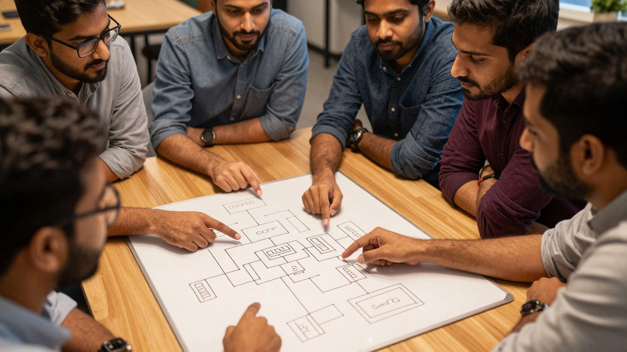 Developers collaborating and planning on a whiteboard