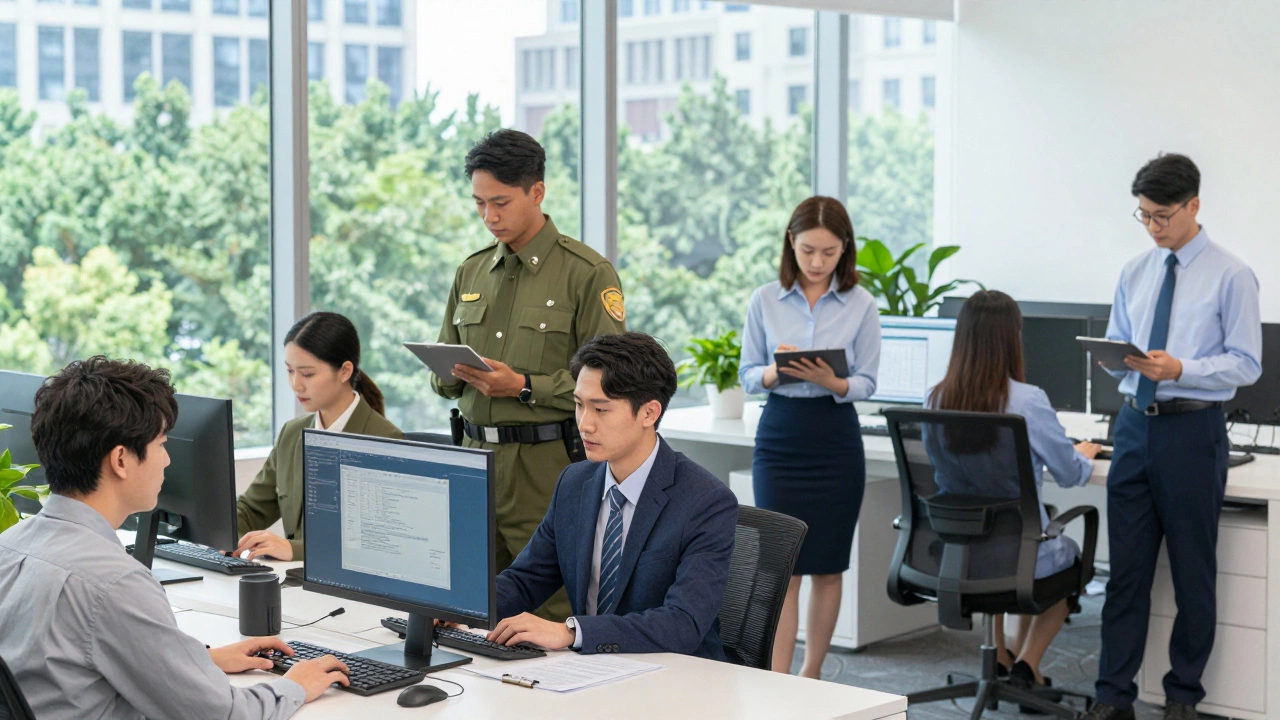 Diverse federal employees collaborating in a modern, bright office space
