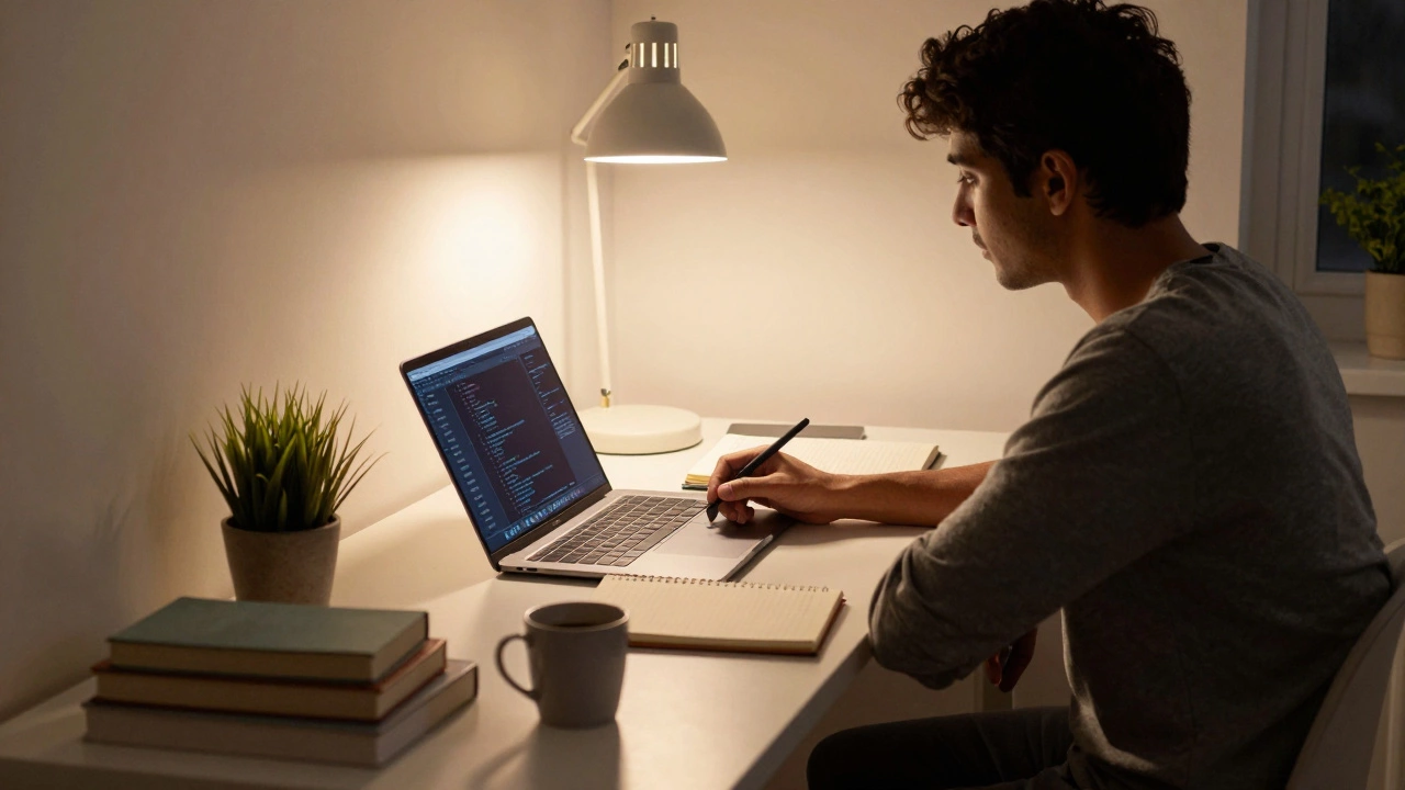 Focused student studying online courses at a cozy home desk in the evening