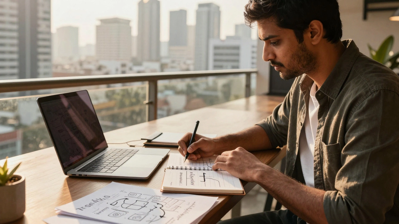 Freelancer writing strategic notes in a sunlit urban workspace overlooking a city skyline.