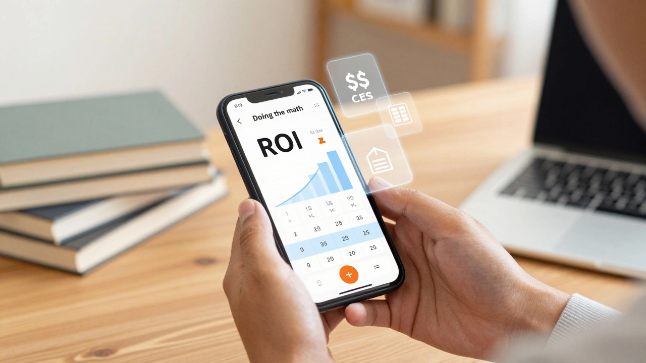 Hands calculating MBA ROI on smartphone