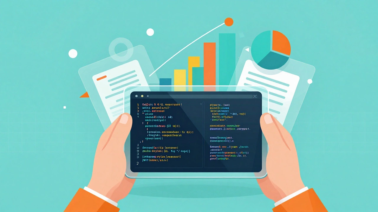 Hands holding a tablet displaying SQL code and rising 3D data visualization charts.