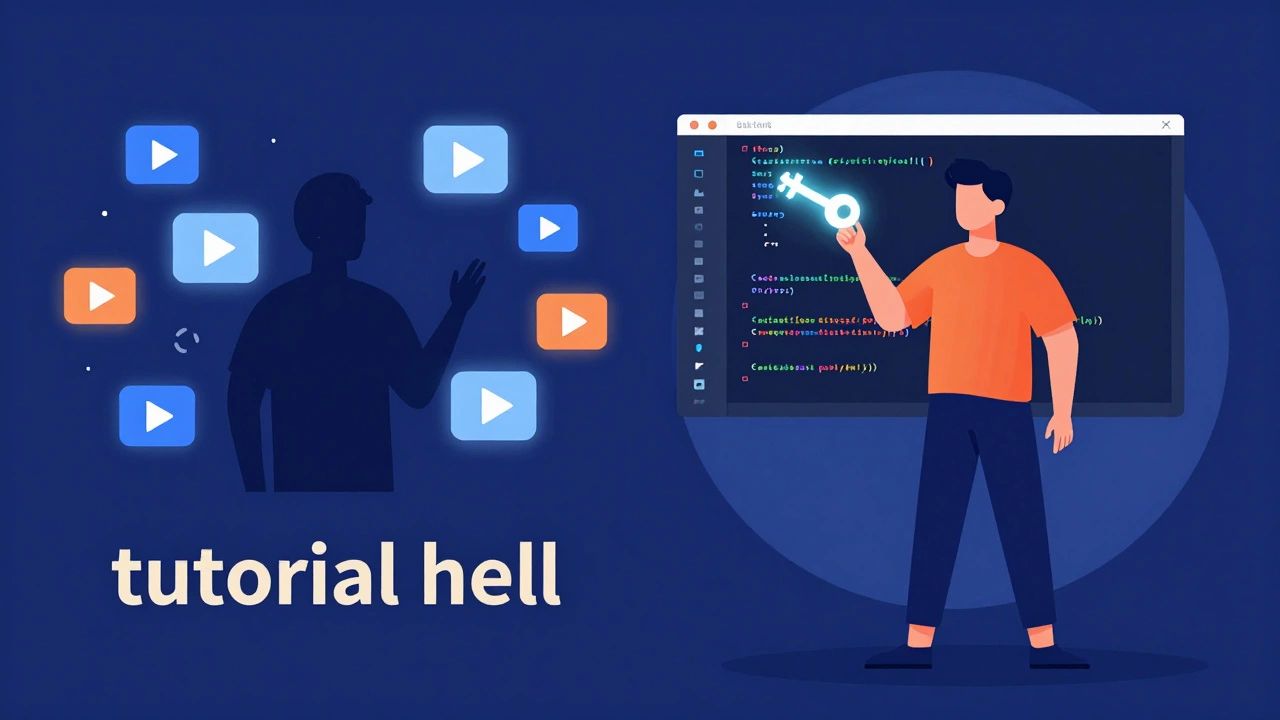 Illustration contrasting passive tutorial watching with active coding