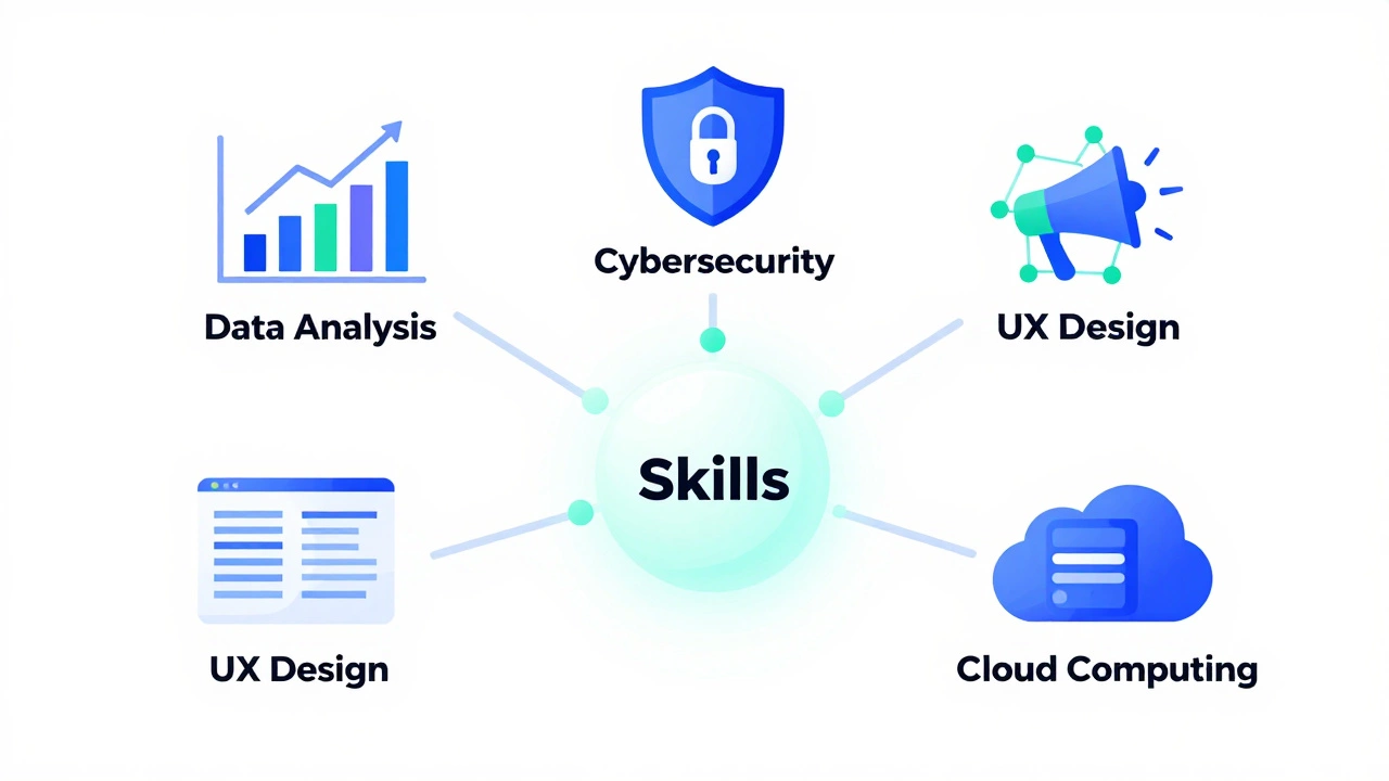 Illustration of five tech career paths branching from a central skills node
