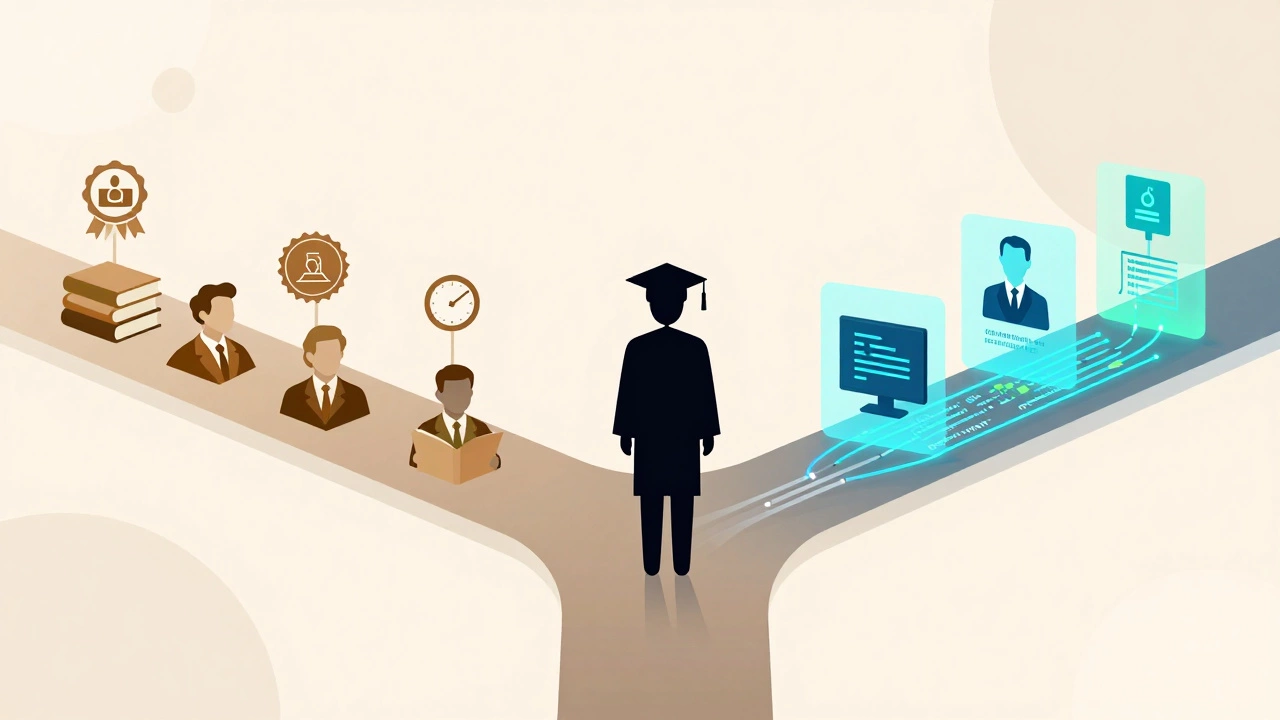 Illustration showing career paths branching from traditional vs digital learning methods