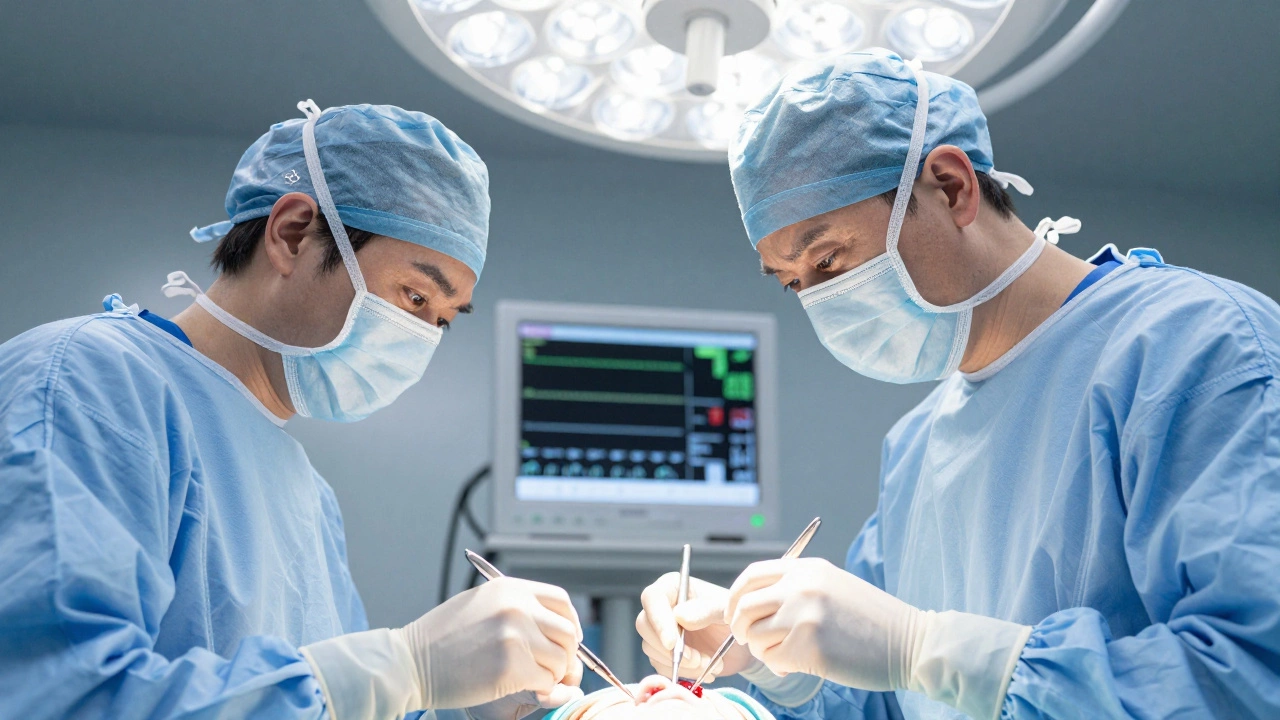 Neurosurgeon performing precise brain surgery in operating room