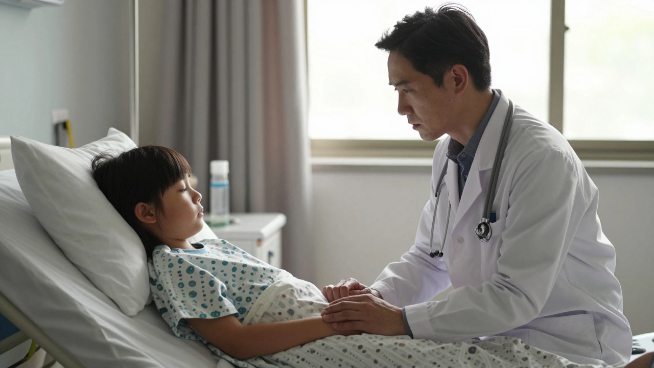 Pediatric oncologist comforting a child patient in hospital