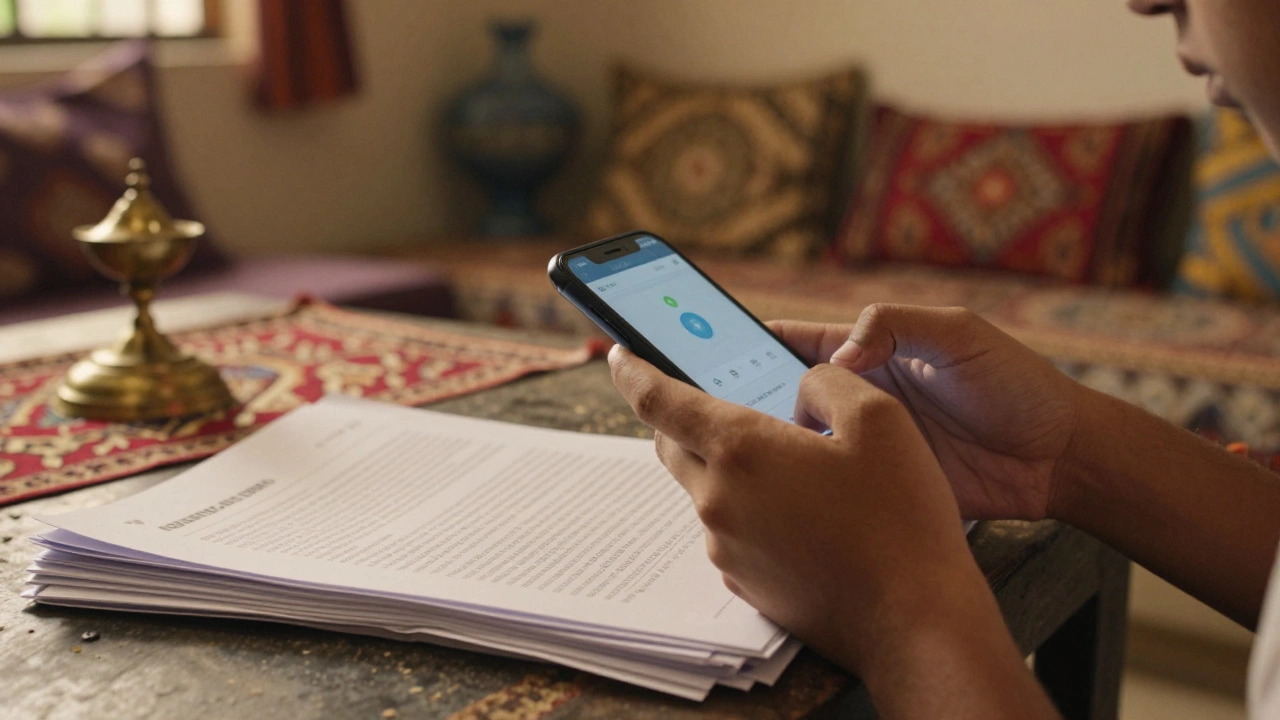 Student holding phone with poor signal next to mail-based exam papers on a desk