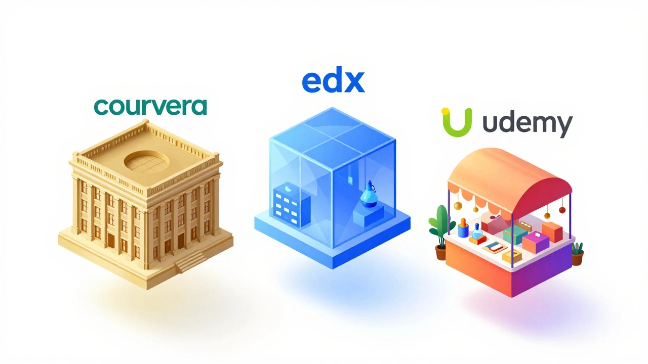 Three stylized buildings representing different online learning platforms in a minimalist white space.