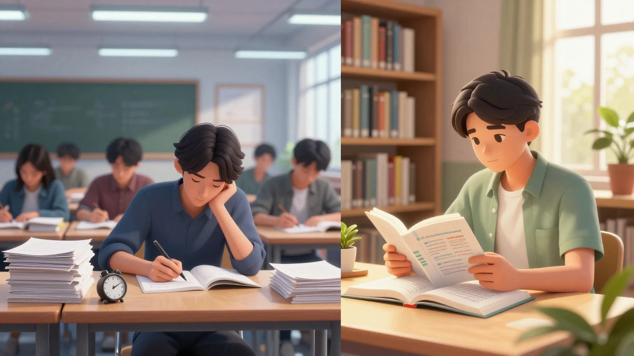 Contrast between high-pressure testing and calm conceptual learning