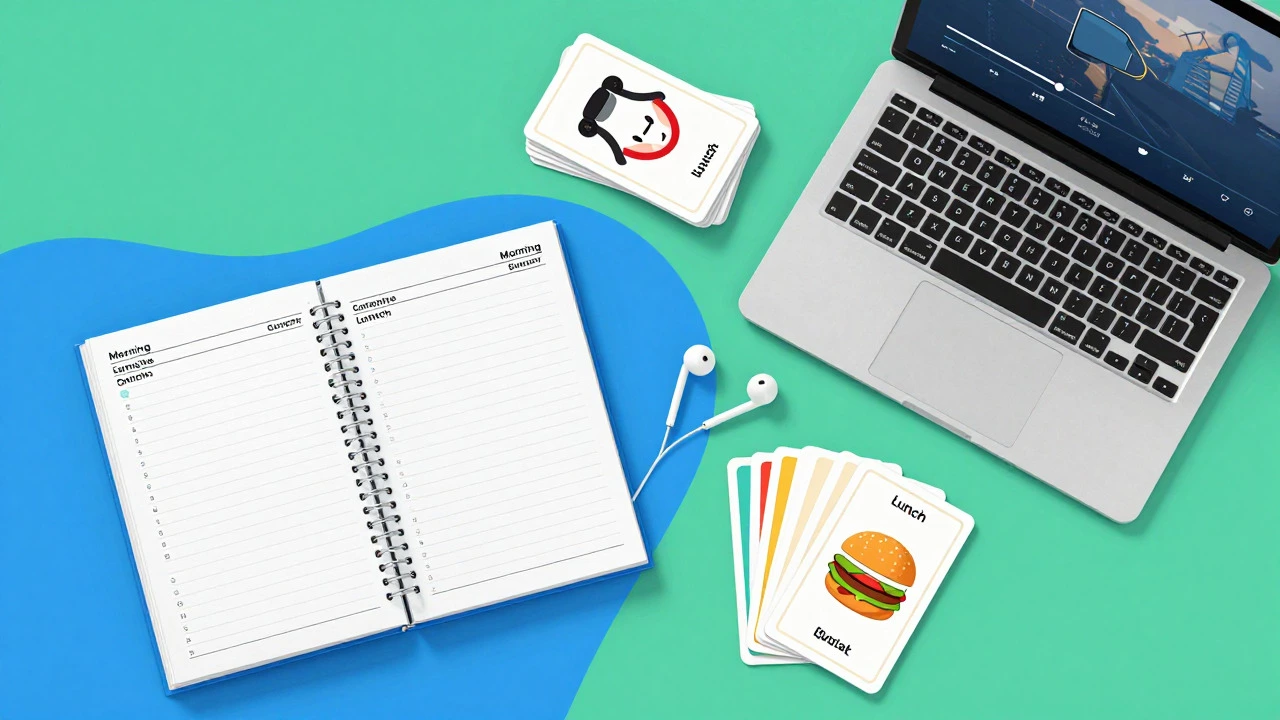 Organized desk setup representing a daily English study routine
