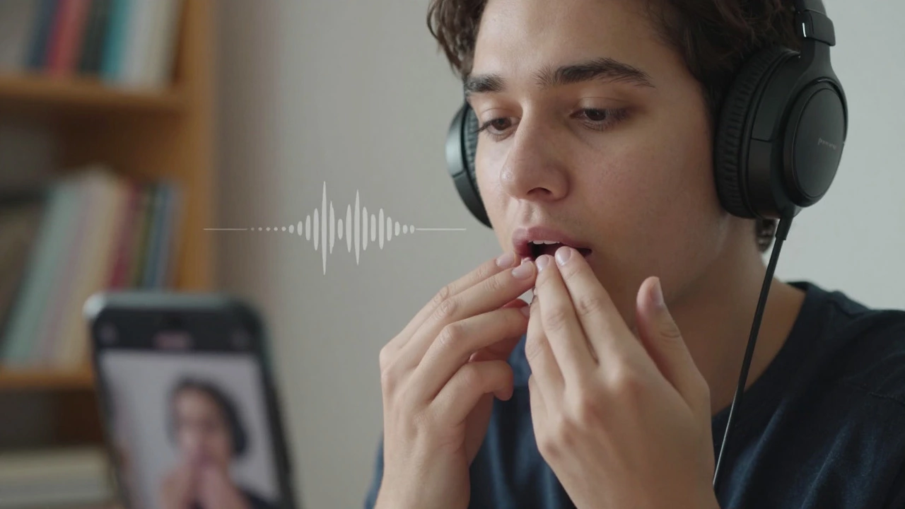 Person practicing English pronunciation with headphones