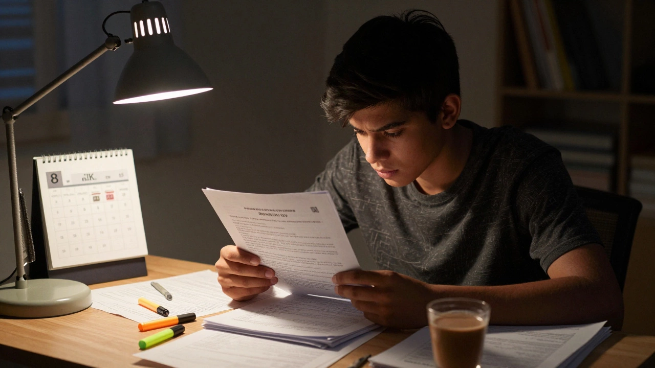 Student analyzing mock test papers under a desk lamp at night