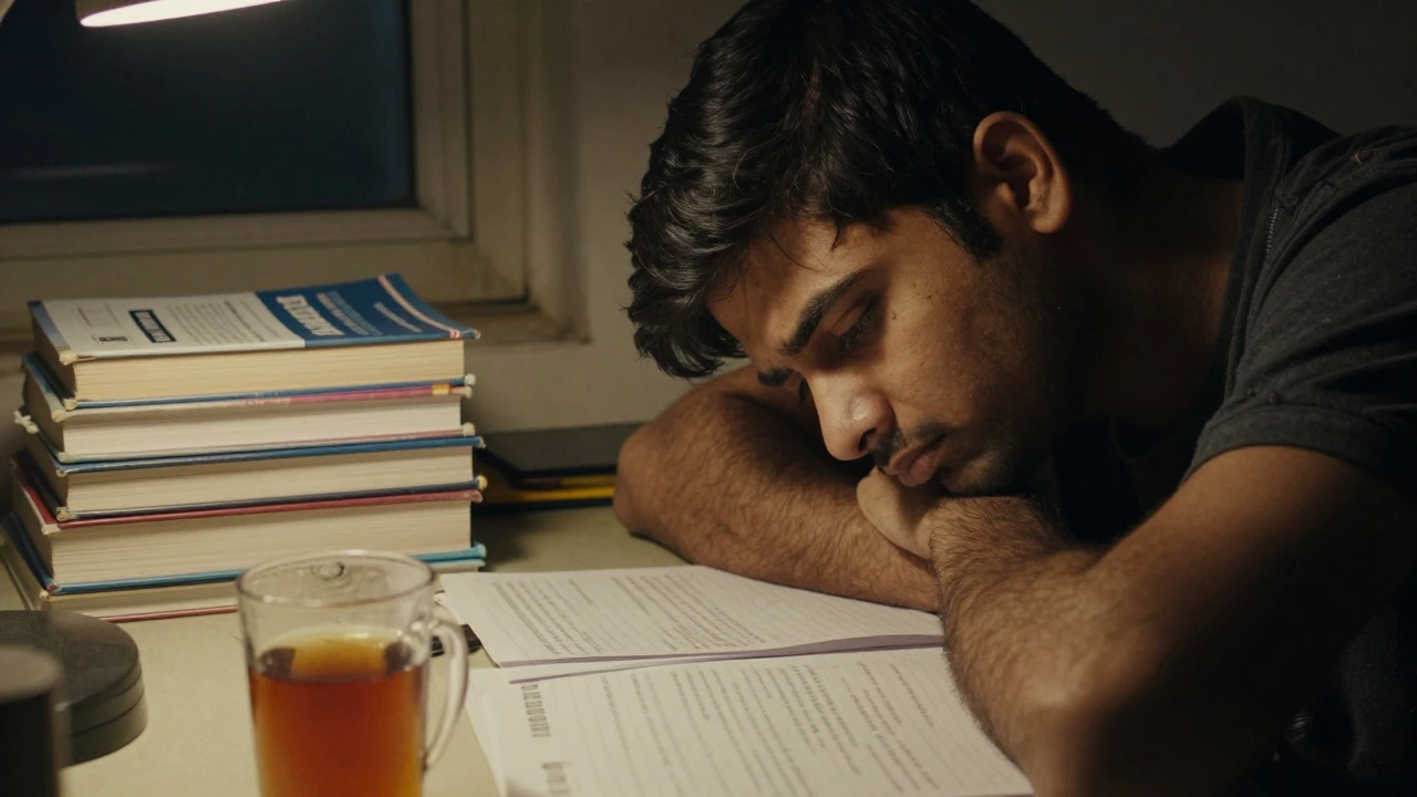 Student studying late at night surrounded by engineering textbooks