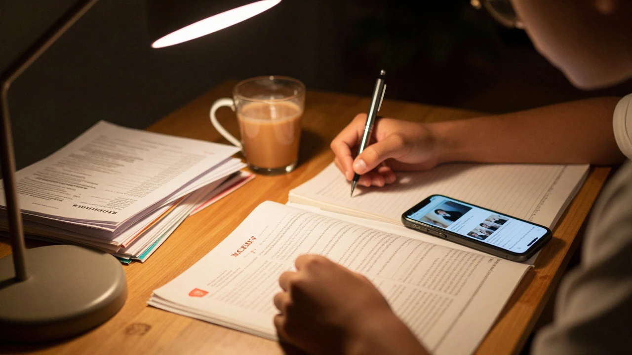 Student studying NCERT books and online lectures at night