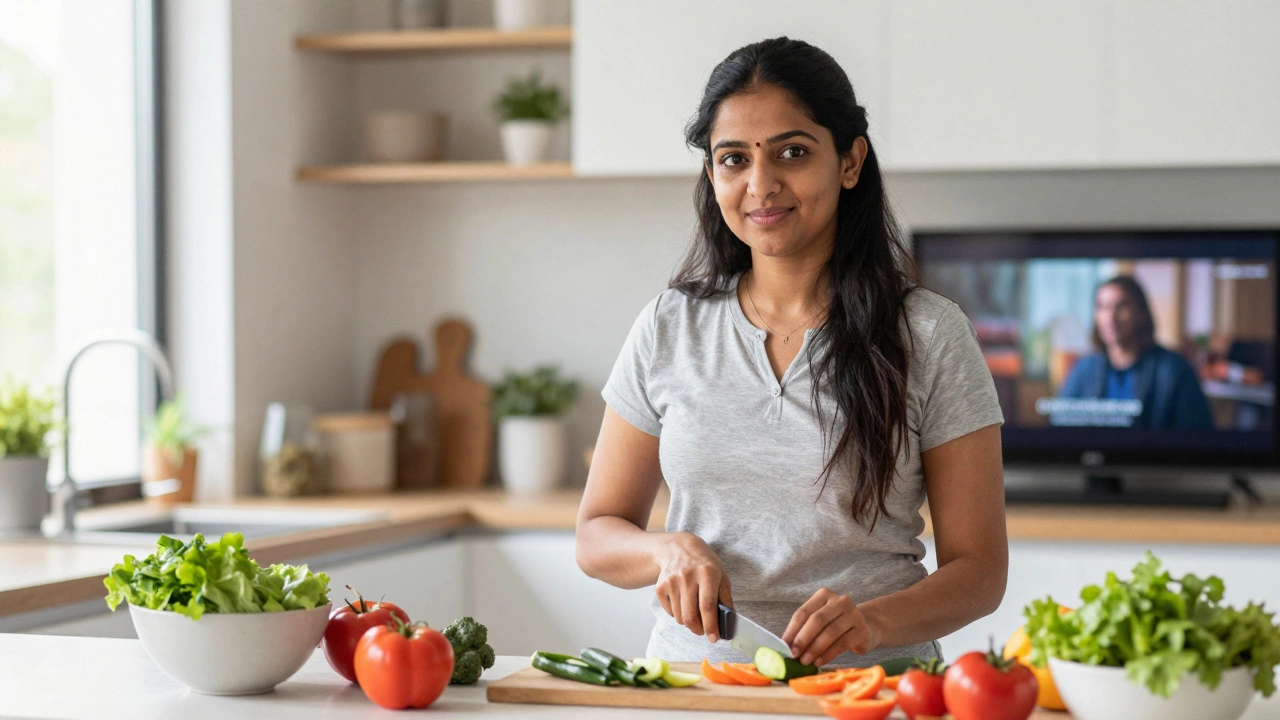 Woman narrating cooking actions in English kitchen
