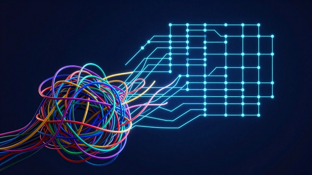 Abstract illustration of tangled wires untangling into an organized grid