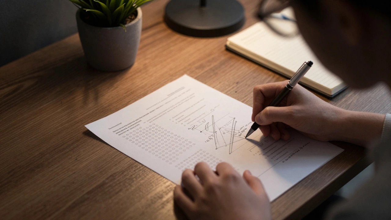 Close up of a student writing analytical notes on an exam paper