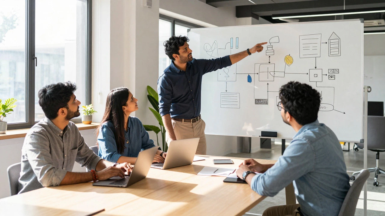 Diverse team collaborating around a whiteboard in a sunny office